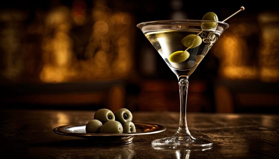 Olive Oil Chilled Martini Cocktail With Olives