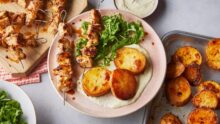 Chicken Skewers With Lemon Roasted Potatoes