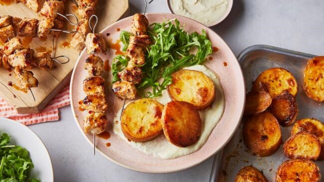 Chicken Skewers With Lemon Roasted Potatoes