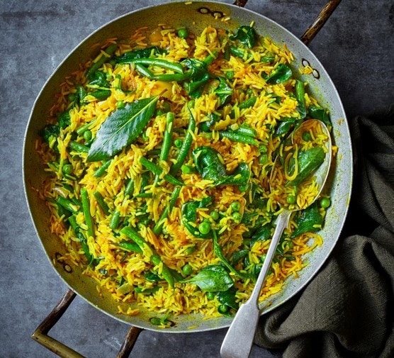 Golden Onion And Spring Vegetable Pilaf