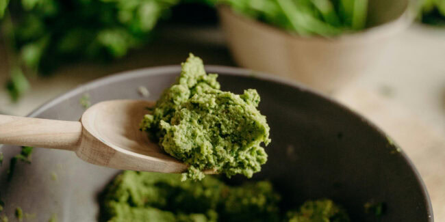 Strong flavours can help overcome slight bitterness in pesto